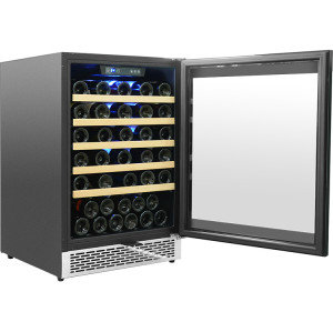 Venta al por mayor, refrigerador de vino y cerveza de 24 pulgadas, enfriador de vino de una sola zona integrado ZS-A150 con estante de alambre con tira de madera y puerta SS
