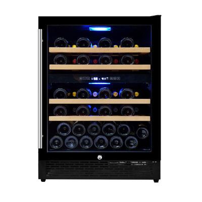 Venta al por mayor, refrigerador de vino de vidrio de doble temperatura de 24 pulgadas, gabinete de vino refrigerado de enfriamiento rápido ZS-B150 con madera de haya