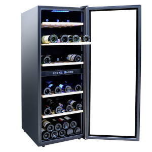 Atacado 98 Garrafas Dual Zone Free Standing Wine Cooler ZS-B200 para armazenamento de vinho com prateleira de madeira e porta de vidro completa