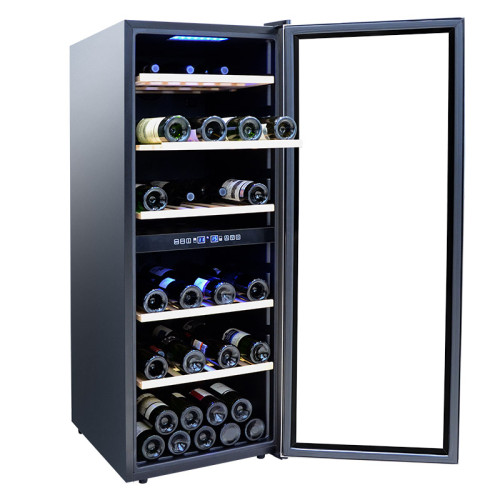 Venta al por mayor, 77 botellas, enfriador de vino independiente de doble zona, ZS-B200 para almacenamiento de vino con estante de madera y puerta de vidrio completa