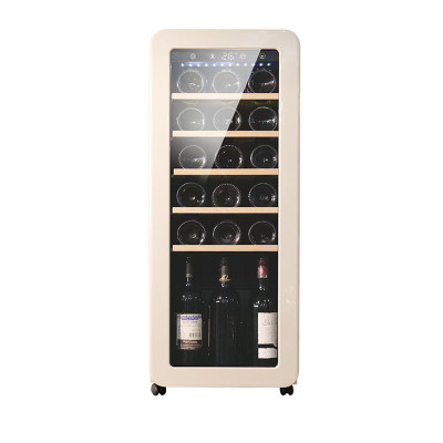 Venta al por mayor, 21 botellas, enfriador de vino Retro de albaricoque de pie, ZS-A58 para almacenamiento de vino con estante de madera de haya y ruedas giratorias