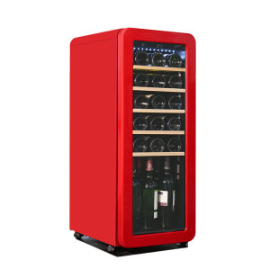 Großhandel 21 Flaschen freistehender roter Retro-Weinkühler ZS-A58 für die Weinlagerung mit Buchenholzregal und Universalrad
