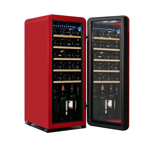 Venta al por mayor, 21 botellas, enfriador de vino Retro rojo independiente, ZS-A58 para almacenamiento de vino con estante de madera de haya y rueda Universal