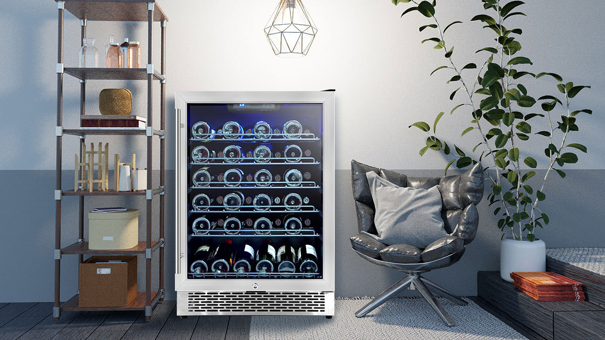 Refrigerador de vinho embutido de zona única de 24 polegadas de largura 53 garrafas com porta SS reversível de cremalheira de arame e iluminação LED