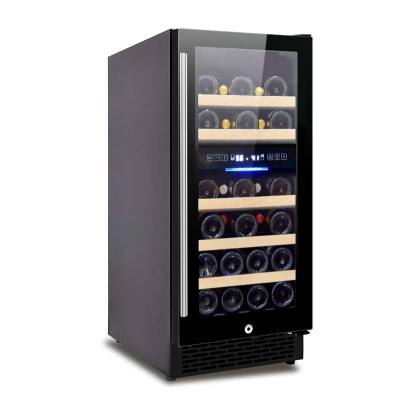 Atacado Dual Zone built-in refrigerador de vinho elétrico ZS-B88 para 15 polegadas de largura sob armário com porta de vidro de prateleira de faia e alça SS