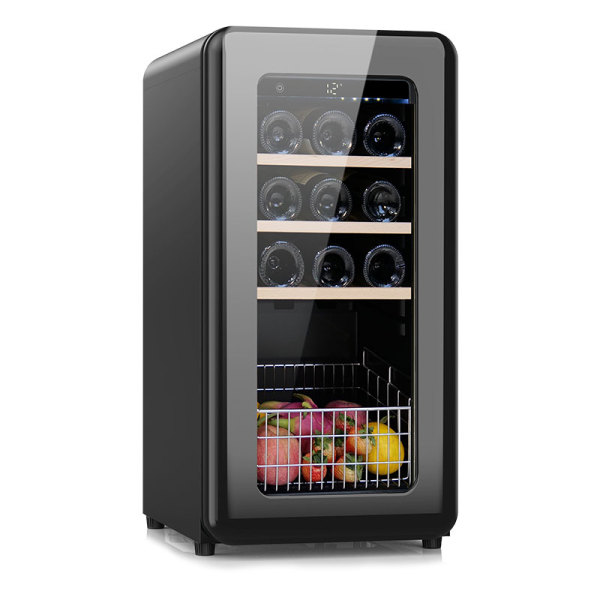 Josoo vende um belo armário refrigerador de vinho ZS-A48 com prateleiras de madeira de faia e cesta de aço inoxidável