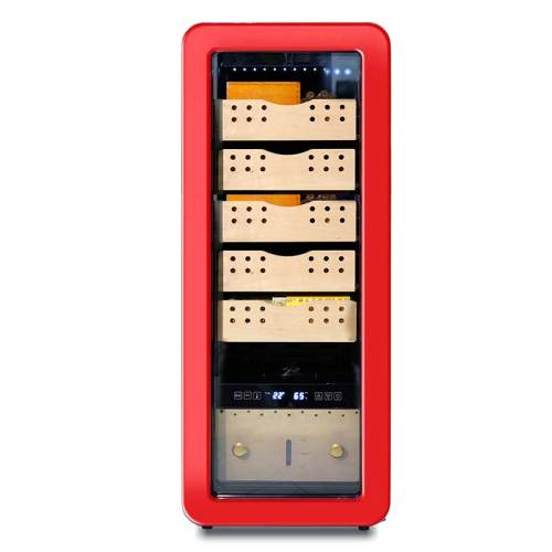 Humidor de cigarros electrónico rojo de arco circular independiente OEM ZS-A58X para almacenamiento de cigarros con marco de plástico de estante de madera de cedro