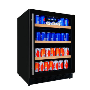 Refrigerador embutido para bebidas e vinhos de 23 polegadas feito sob medida ZS-A145Y para armazenamento de bebidas e vinhos com prateleira para bebidas e tira de madeira e porta de vidro completa