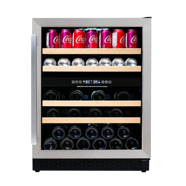 Private Label Dual Zone SS Tür 24 Zoll eingebautes Wein- und Getränkezentrum ZS-B145 mit Getränkeregal und Holzleiste