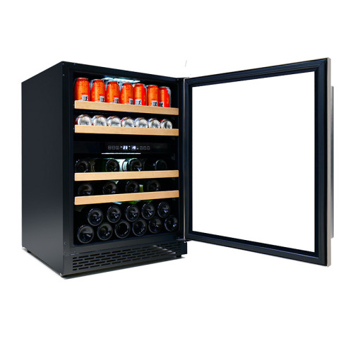 Puerta de acero inoxidable de doble zona de etiqueta privada Centro de vino y bebidas integrado de 24 pulgadas ZS-B145 con estante para bebidas y listón de madera