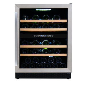 Proveedor Refrigerador de vino de 49 botellas ZS-B145 independiente de doble zona para almacenamiento de vino con estante de madera de haya y puerta de acero inoxidable