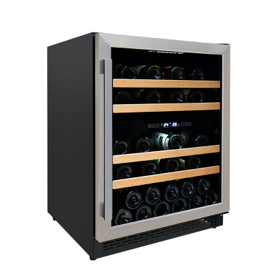 Proveedor Refrigerador de vino de 49 botellas ZS-B145 independiente de doble zona para almacenamiento de vino con estante de madera de haya y puerta de acero inoxidable