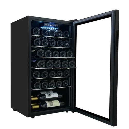 Nevera de vino de lujo independiente de 33 botellas personalizada ZS-A86 para almacenamiento de vino con estante cromado y puerta de vidrio Reversible