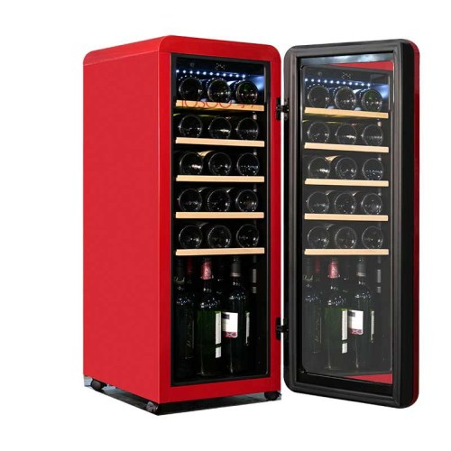 Customized 21 Bottle Freestanding Red Retro Wine Cooler with Beech Shelf and Universal Wheel F-class