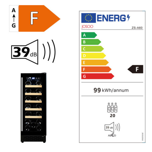 Undercounter Wine Cooler 20 Bottle 60L Capacity and 37dB Operation for Quiet and Convenient Storage