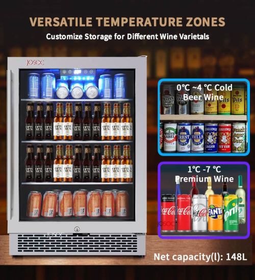 Josoo Single Zone Outdoor Wine Cooler And Bar Beer Fridge Under Counter Refrigerators For Store Ale With Glass Rack And Glass Door