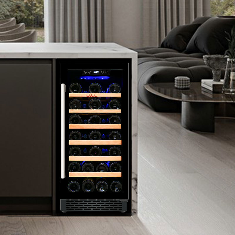 Close-up of a digital control panel on a wine fridge, showing temperature display and touch buttons.