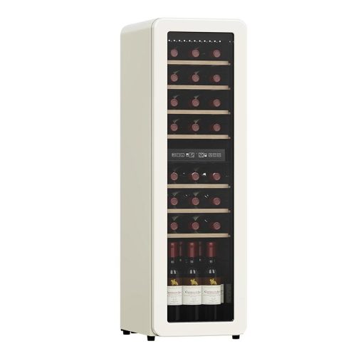 Enfriador de vino vintage independiente de 86 l y 30 botellas de zona dual con 7 zonas de madera de haya para uso doméstico