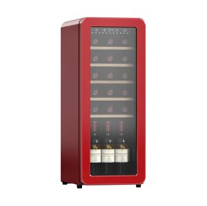 Customized 24 Bottle Freestanding Red Retro Wine Cooler with Beech Shelf and Universal Wheel F-class