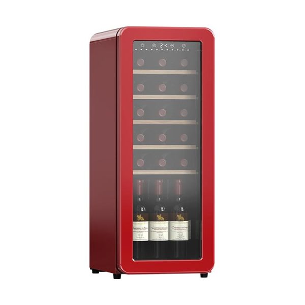 Customized 24 Bottle Freestanding Red Retro Wine Cooler with Beech Shelf and Universal Wheel F-class