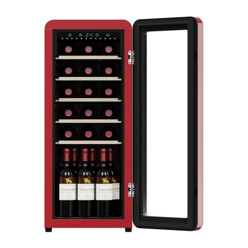 Customized 24 Bottle Freestanding Red Retro Wine Cooler with Beech Shelf and Universal Wheel F-class