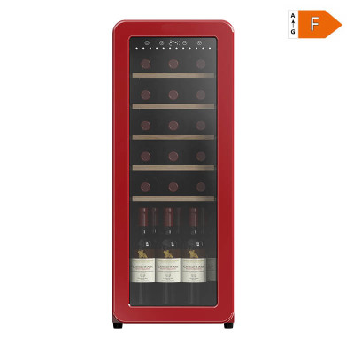 Customized 24 Bottle Freestanding Red Retro Wine Cooler with Beech Shelf and Universal Wheel F-class