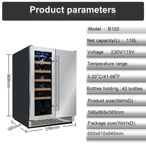 Wholesale Built-In Dual Zone SS French Door Wine Cooler ZS-B120 for Wine Storage with Stainless steel foam door