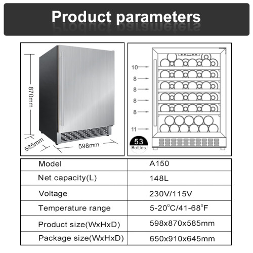Wholesale 24 Inch Wine And Beer Fridge Built-In Single Zone Wine Cooler ZS-A150 with Wire Rack with Wooden strip and SS Door