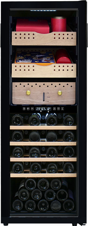 Humidors Factory OEM Dual Zone Humidity Cigar Cabinet and Wine Cooler ZS-B200X with 2 Different Wooden Rack and Full Glass Door