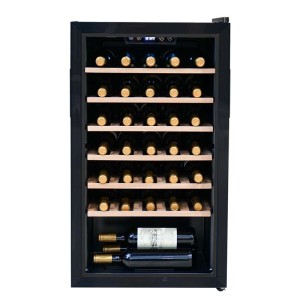 Venta al por mayor de bodegas de vino independientes de 33 botellas en la esquina ZS-A86 para almacenamiento de vino con estante de madera de haya y puerta de vidrio