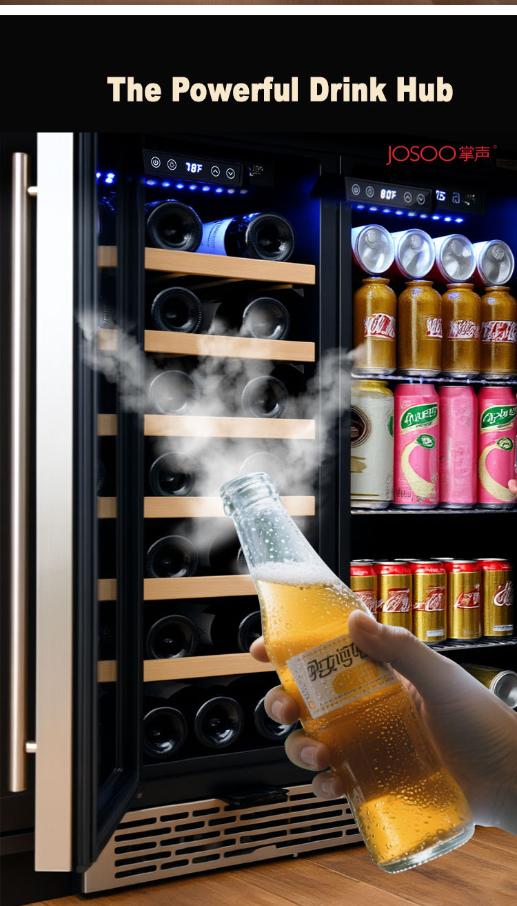 A person selecting a wine bottle from a large, built-in dual zone wine column