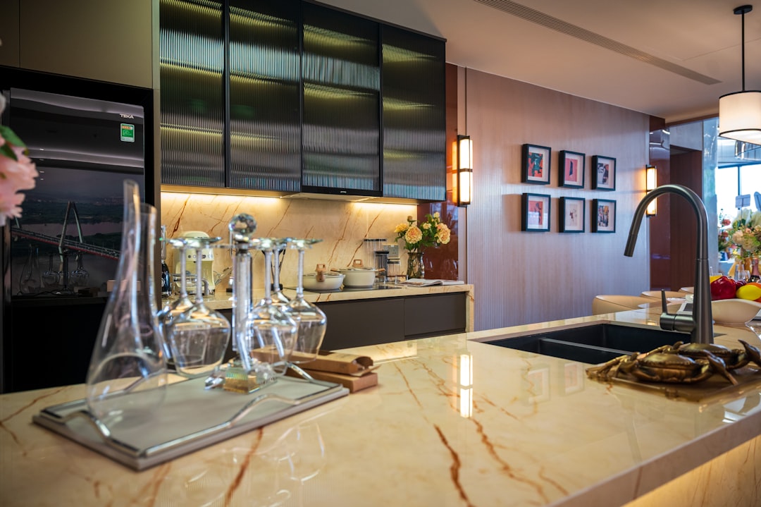 A stylish home wine cooler integrated into a modern kitchen