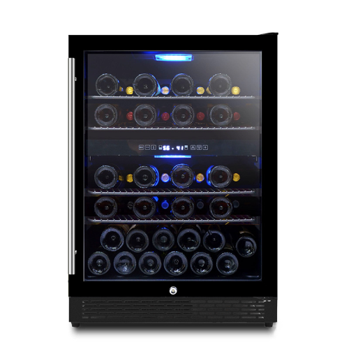 Refrigerador de vino de doble zona negro al por mayor ZS-B145 para almacenamiento de vino de 24 vasos con estante de 4 alambres
