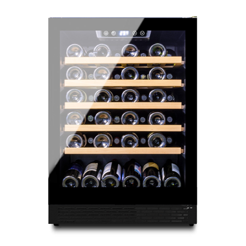 Refrigerador combinado de ZS-A145 de bebidas y vino de una sola zona al por mayor para almacenamiento de vino con estante de madera de haya y puerta de vidrio completa