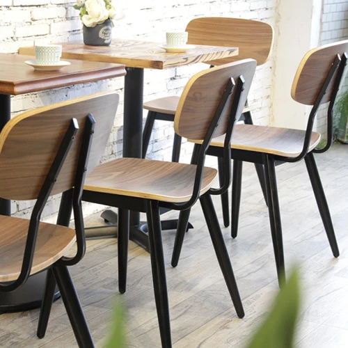 Commercial Furniture Black Metal Frame Plywood Seat Chair Steel Antique Wooden Dining Chair