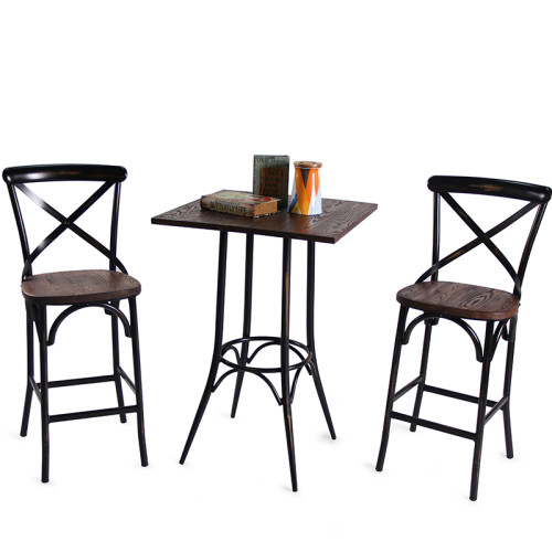 أثاث تجاري طاولة بار إطار معدني طاولة خشبية أعلى مربع وطاولة مستديرة