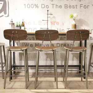 Wooden Bar Furniture Set Metal Dining High Chair For Indoor Coffee Shop And Bistro