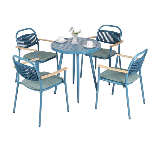 Modern Rope Weaving Aluminum Frame Garden Chairs With Wooden Armrests