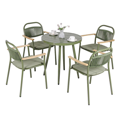 Modern Rope Weaving Aluminum Frame Garden Chairs With Wooden Armrests
