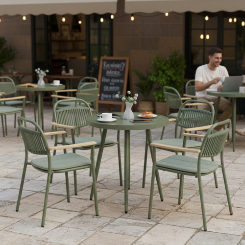 Modern Rope Weaving Aluminum Frame Garden Chairs With Wooden Armrests