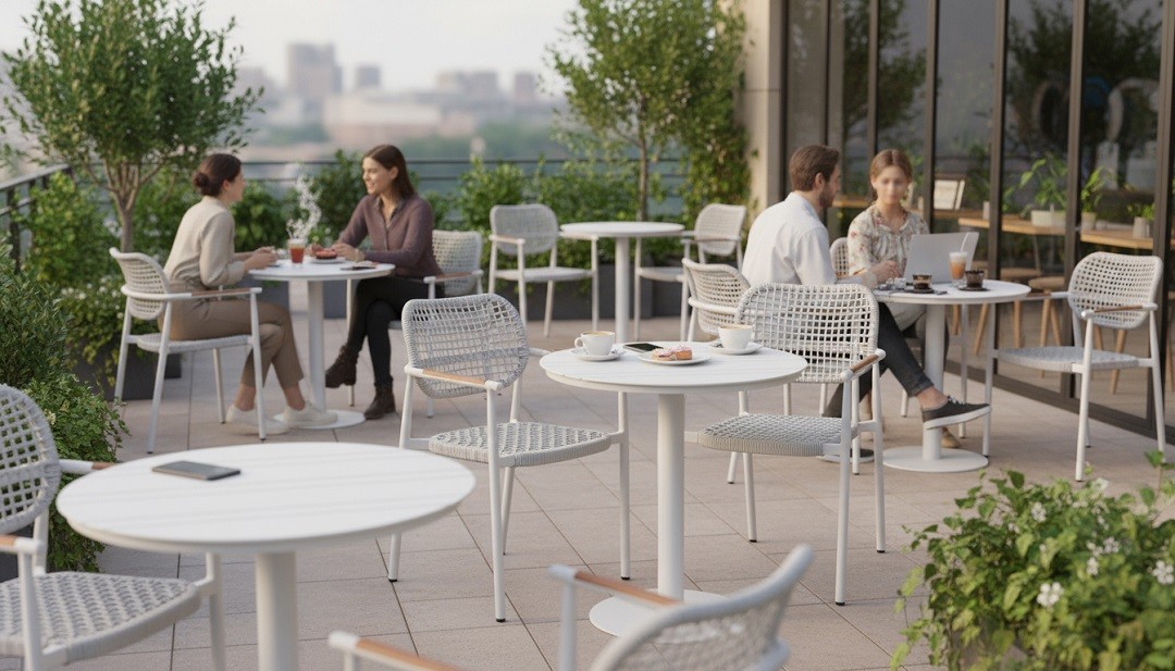 Commercial outdoor cafe seating with aluminum chairs and woven rope furniture by CDG Furniture