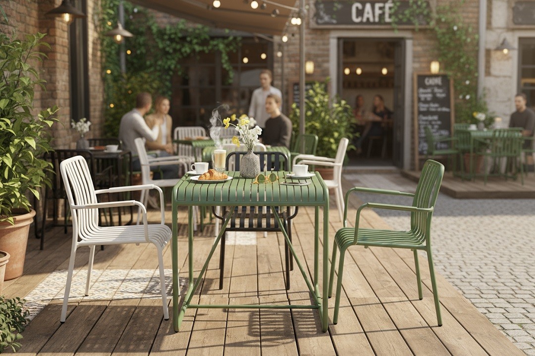 Durable aluminum outdoor cafe chairs, weatherproof and stackable for commercial use