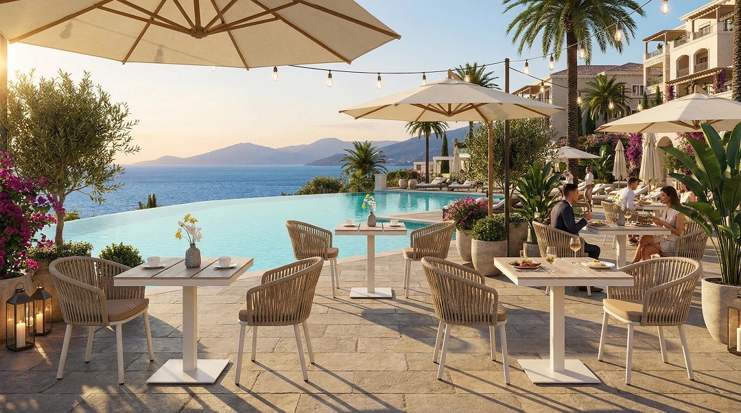 Space-saving outdoor cafe furniture set, compact 2–4 seat design for small patios