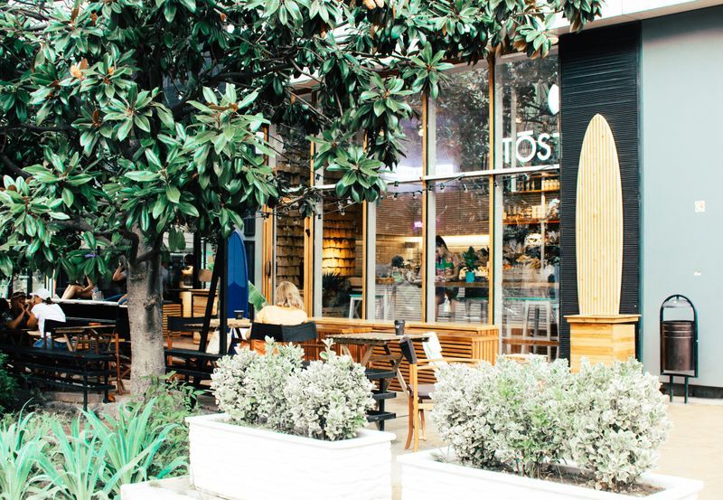 Outdoor restaurant patio with modern furniture