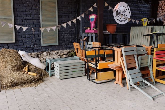 Restaurant outdoor seating with modern commercial furniture