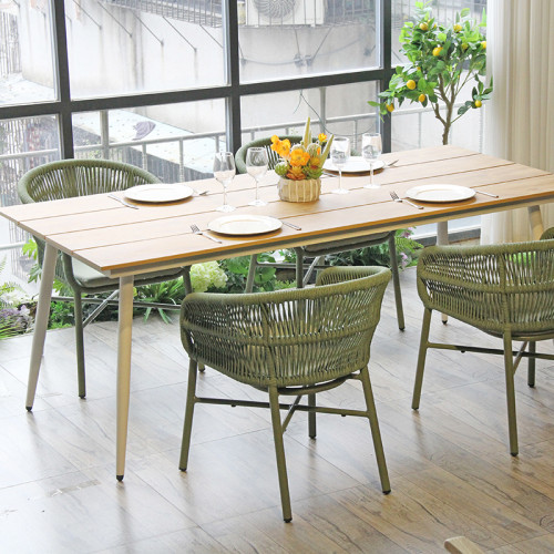 Waterproof Outdoor Plywood Table Wood Grain Slat Surface Aluminum Base