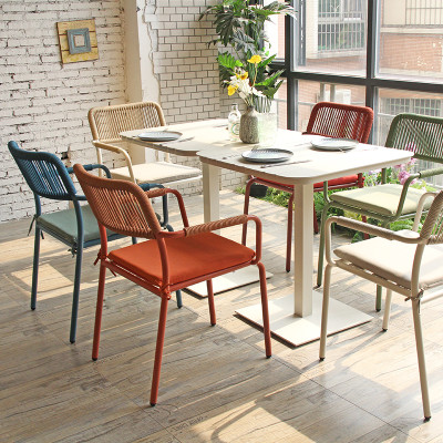 Outdoor Rope Woven Dining Chair Aluminum Garden Table Set For Bistro Cafe