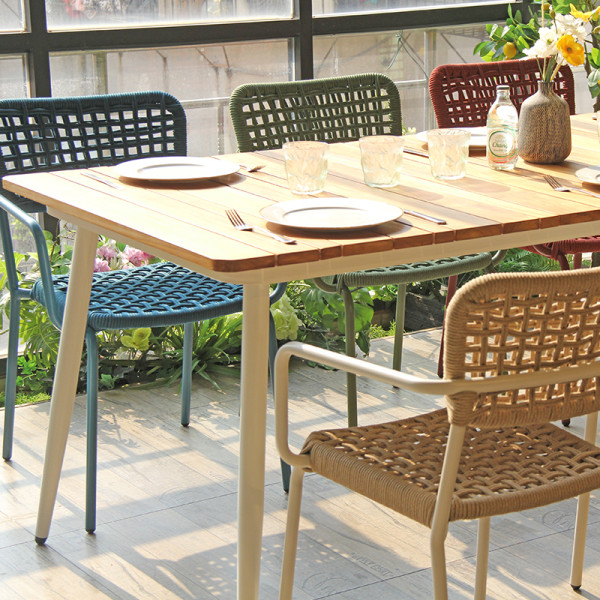 Outdoor Dining Set Teak Wood Top Table Hand Weaving Rope Chairs For Patio