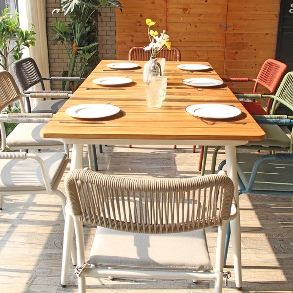Rustic Garden Chair Table Set Teak Wood Table Woven Rope Chairs With Cushion