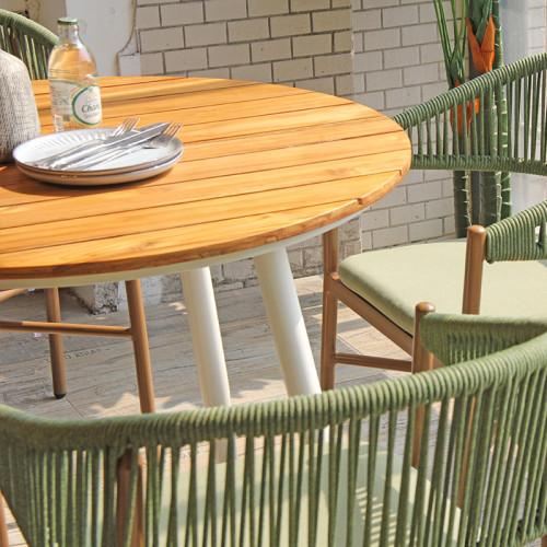 Round Dinner Table Weatherproof Teakwood Slat Top Aluminium Legs